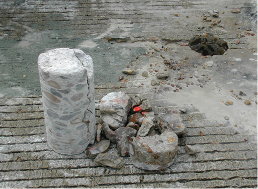 Coring adjacent to the spalled repairedarea. (click in image to see full-size image)
