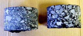 Two cores – the core on the right has significantlyhigher air voids.© Copyright 2006 University of Washington (click in image to see full-size image)