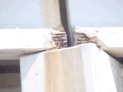 Chemical solution corrosion induced beamdamage created by failed joint and poor concrete cover over beamends. (click in image to see full-size image)