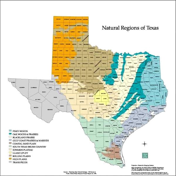 The 11 natural vegetative regions of Texas. (click in image to see full-size image)