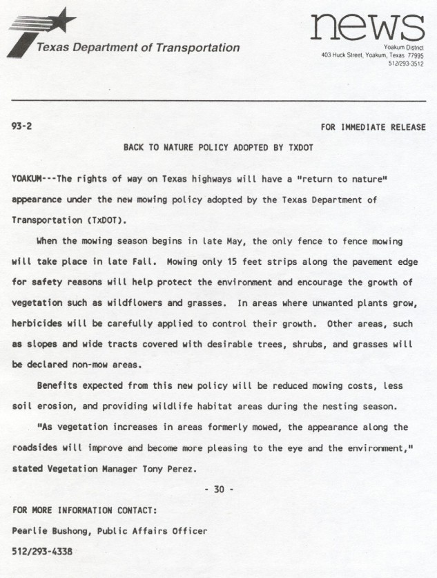 Back to Nature Policy Adopted by TxDOT. (click in image to see full-size image)