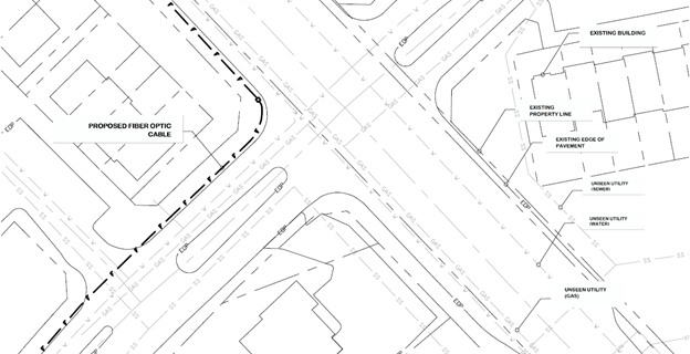 Sample Plan Sheet with Suitable Line Weights and Annotation. Note: Annotations for travel lanes, road names, numbers, clear zone, and ROW were omitted for clarity. (click in image to see full-size image)
