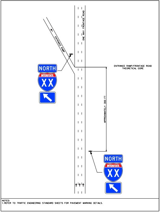 Typical signing for an entrance ramp froma one-way frontage road – diverge condition. (click in image to see full-size image)