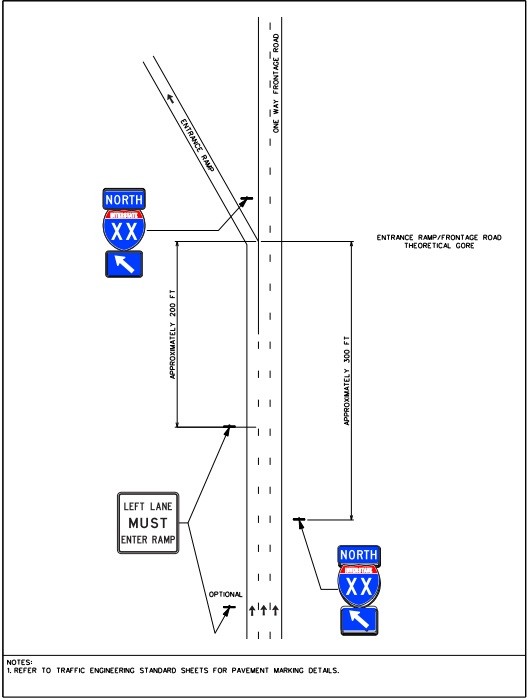 Typical signing for an entrance ramp from a one-way frontageroad – lane-drop condition. (click in image to see full-size image)