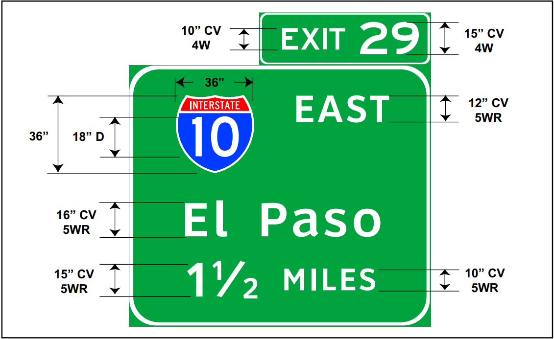 Letter style and minimum letter and numeralsizes on an Advance Guide sign. (click in image to see full-size image)