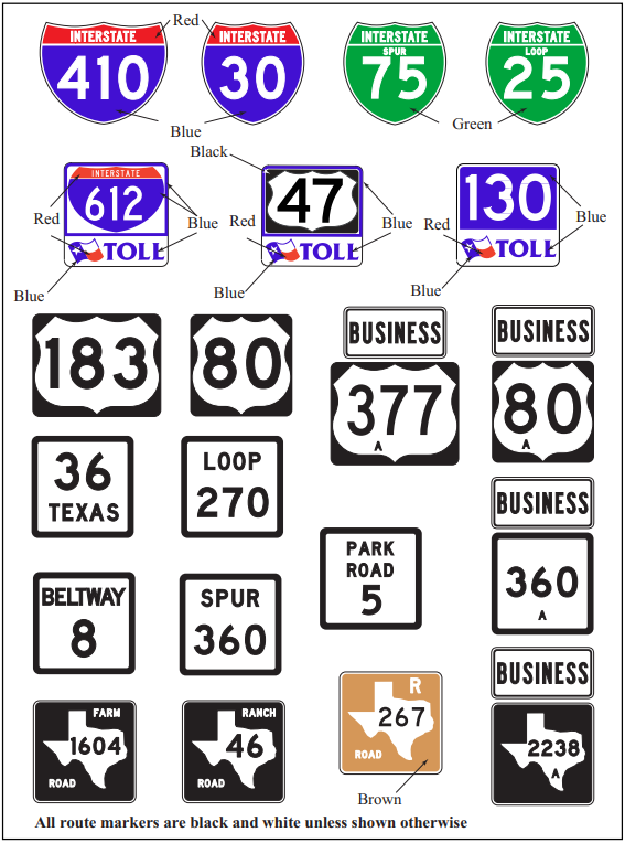 Independent ground-mounted Route signs.All route markers are black and white, unless shown otherwise. (click in image to see full-size image)