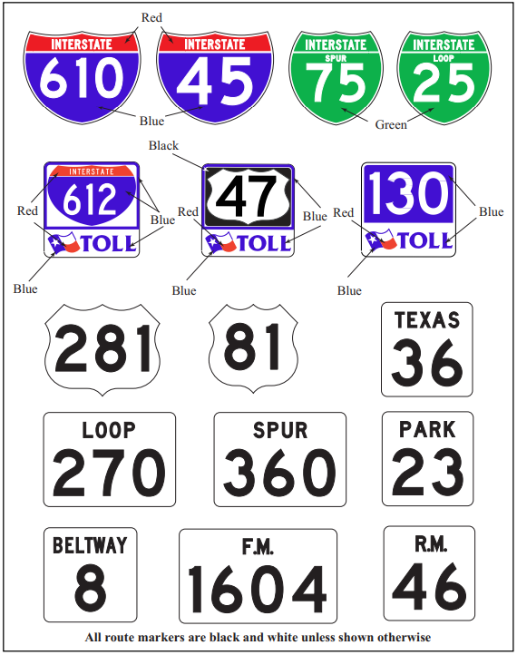 Guide-sign mounted Route signs. All routemarkers are black and white, unless shown otherwise. (click in image to see full-size image)