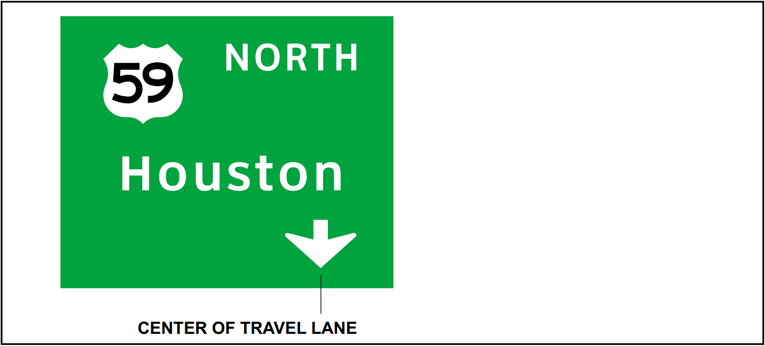 Downward arrow placement when sign is notlocated in the center of the travel lane. (click in image to see full-size image)