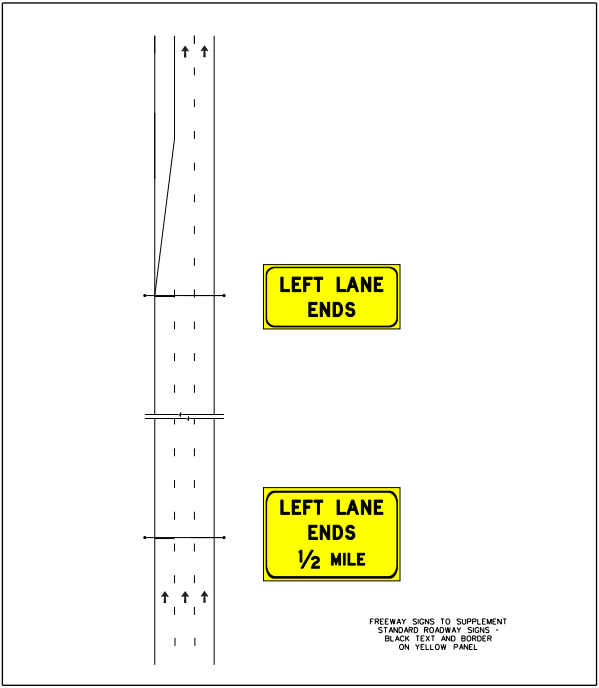 Freeway signing for a left-lane ends situation. (click in image to see full-size image)