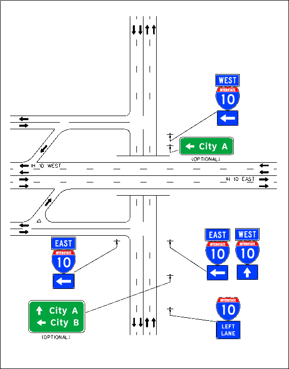 Cross-street route signing for left-direction entranceramp located on the far-left frontage road and right-direction entranceramp located on near-left frontage road. (click in image to see full-size image)