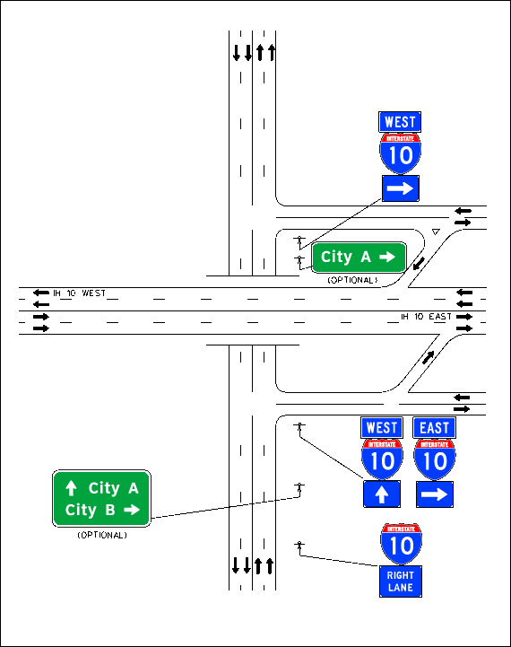 Cross-street route signing for left-direction entranceramp located on the far-right frontage road and right-directionentrance ramp located on near-right frontage road. (click in image to see full-size image)