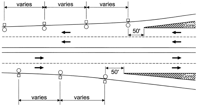 Typical placement for partial interchangelighting, 40 foot luminaire poles at merge and diverge lanes. (click in image to see full-size image)