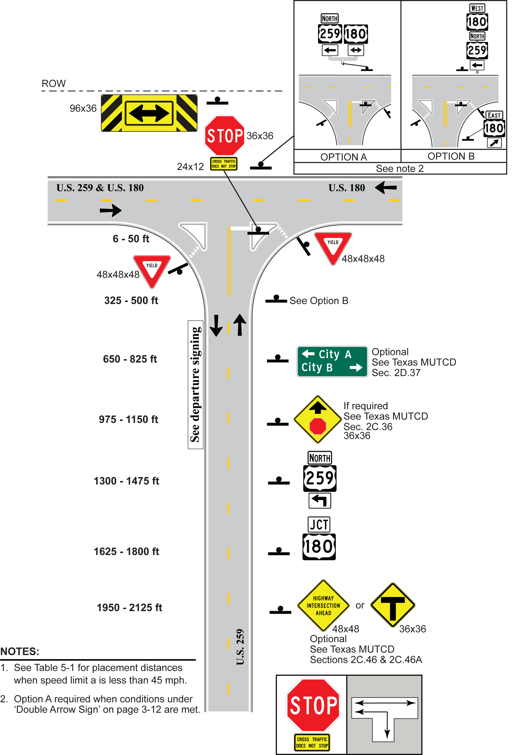 3-Leg T, 1 Approach Lane with Free RightTurn, Stop Control, Approach Route Goes Left (click in image to see full-size image)