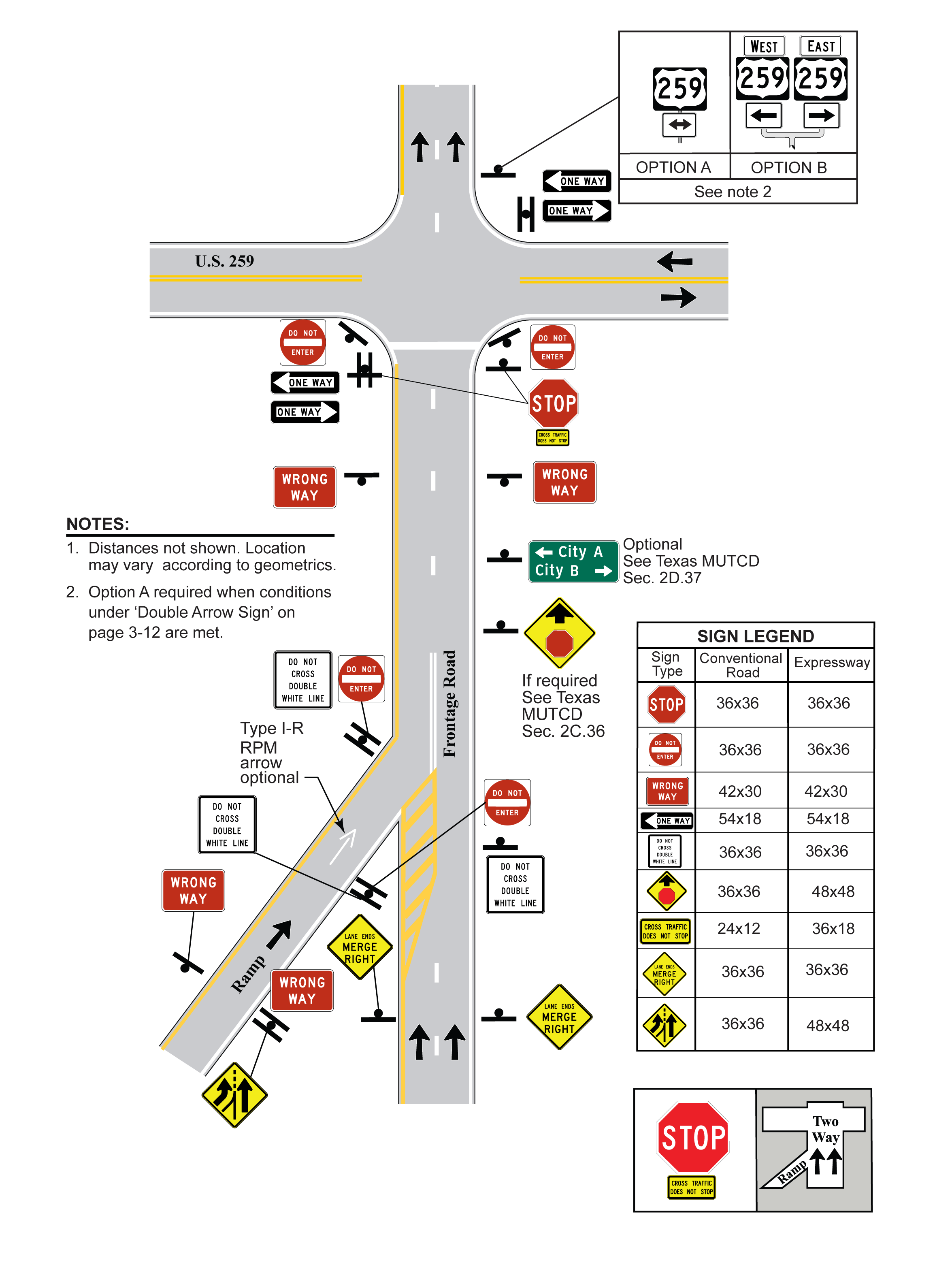 One-Way Frontage Road with Exit Ramp, Two-LaneApproach, Stop Control (click in image to see full-size image)
