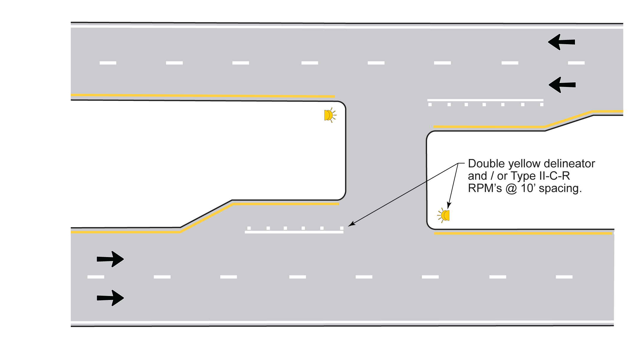 Delineation for Median Opening with LeftTurn Lane on Approach (click in image to see full-size image)