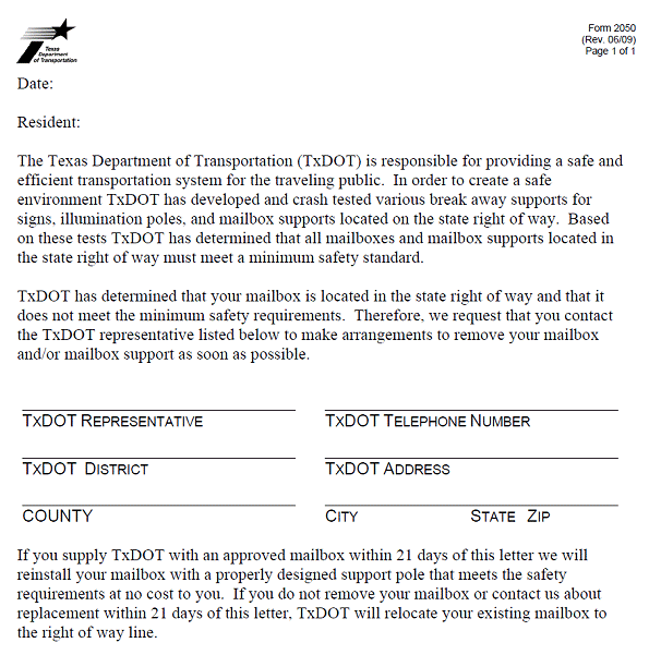 Standard Letter for Non-Compliant Mailbox (click in image to see full-size image)