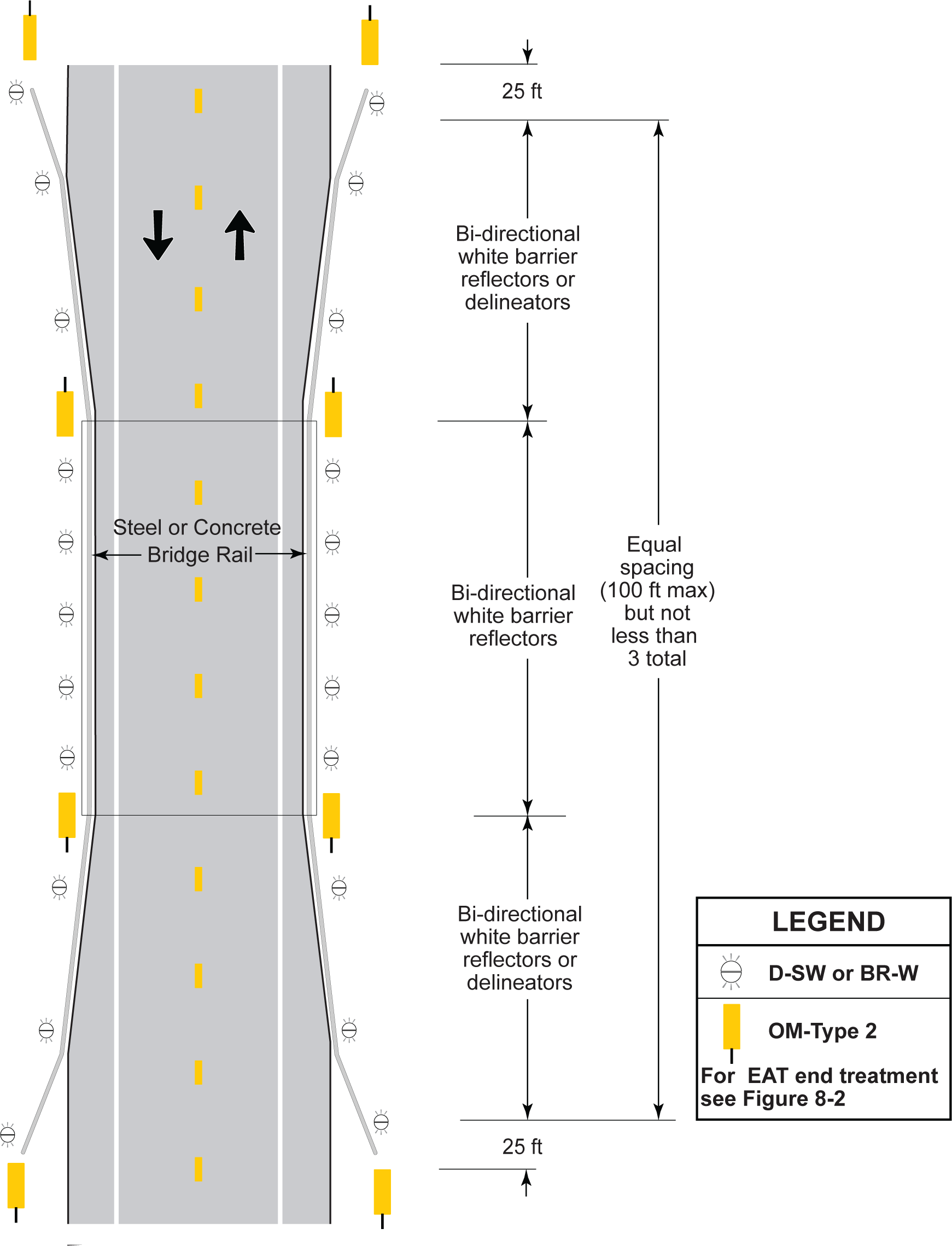 Two-Way Two-Lane Road or Bridge with Guardrailand Reduced Width Approach (click in image to see full-size image)