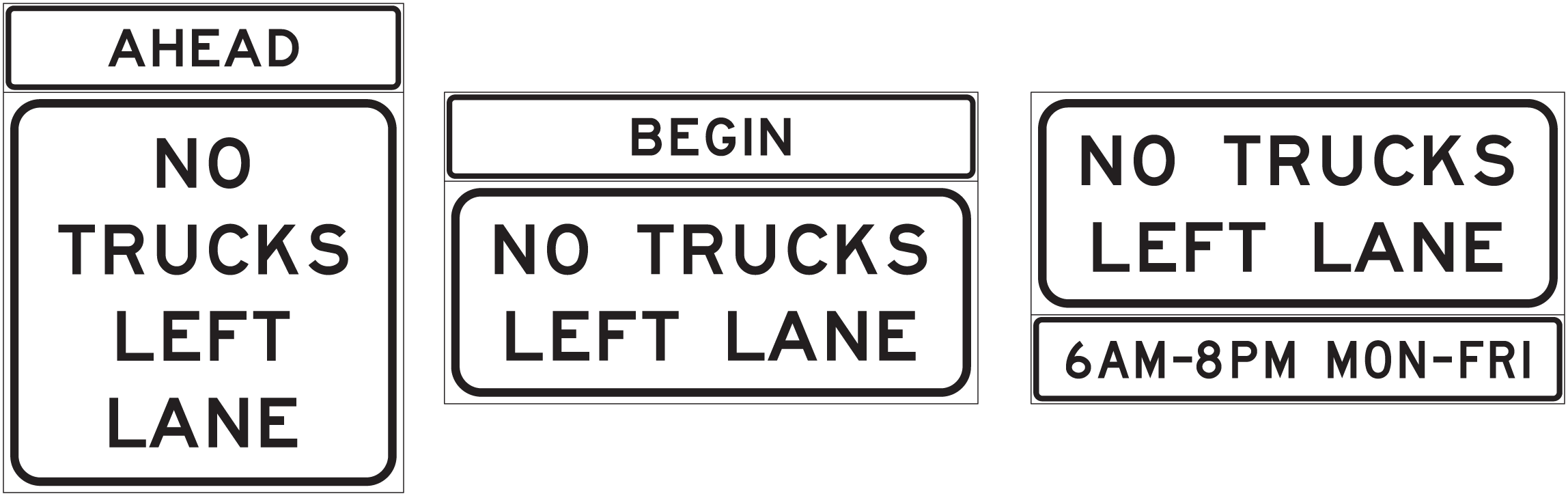 Typical sign examples of left lane truckrestriction sign with plaques (click in image to see full-size image)