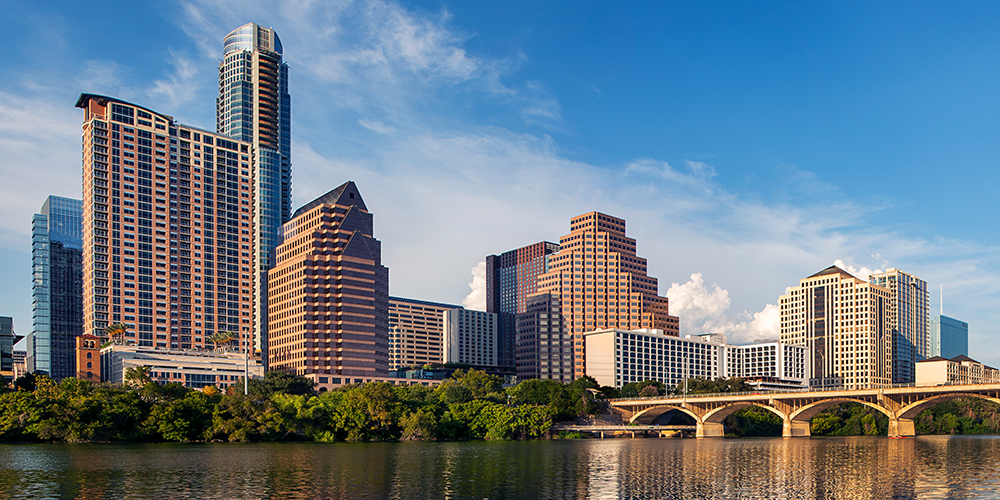 Austin Texas skyline with Lady Bird Lake in the foreground