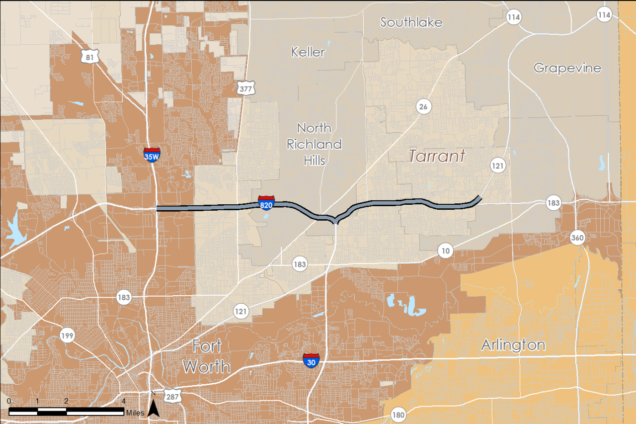 North Tarrant Express: Mapa del proyecto I-820 y SH 121/183 (segmentos 1 y 2W)