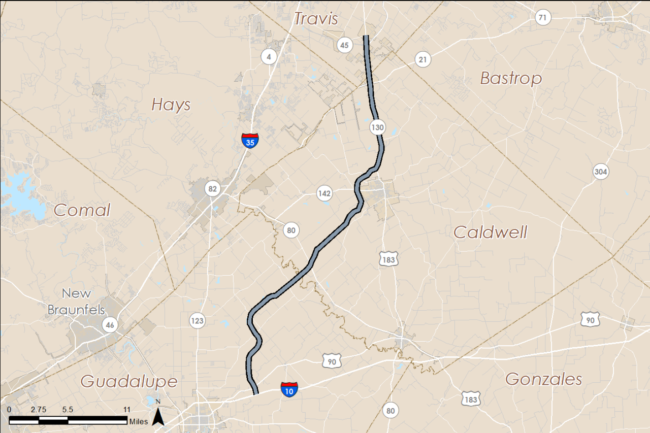 Mapa de la Autopista Estatal 130 (Secciones 5 y 6)