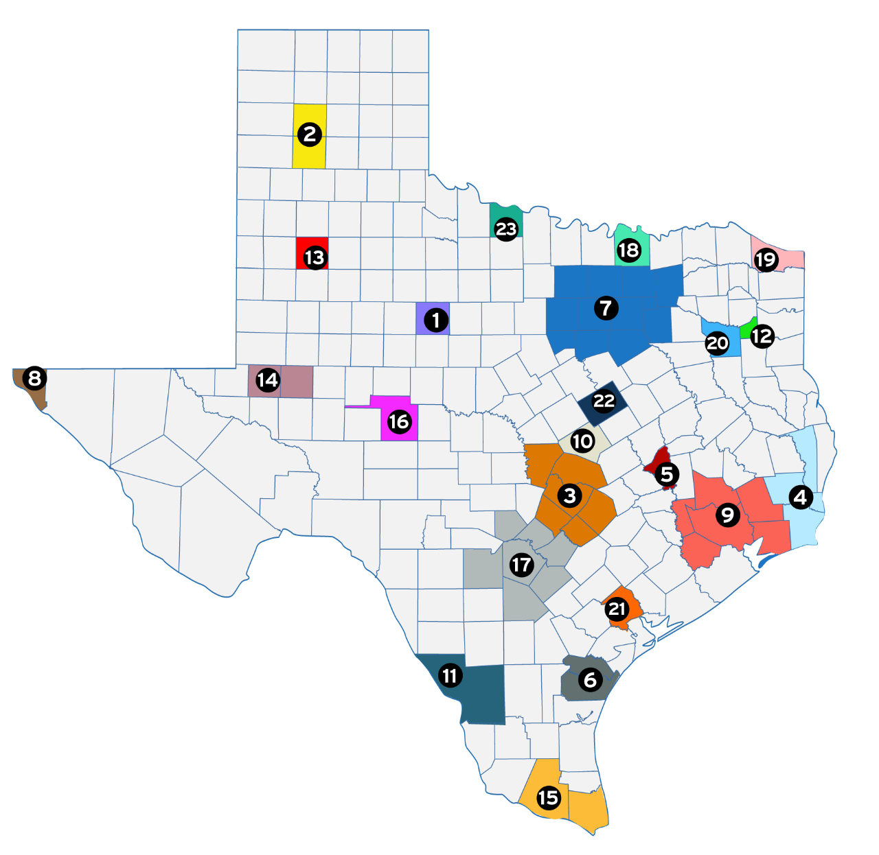 Mapa del condado de Texas para la Encuesta de Viajes de Texas