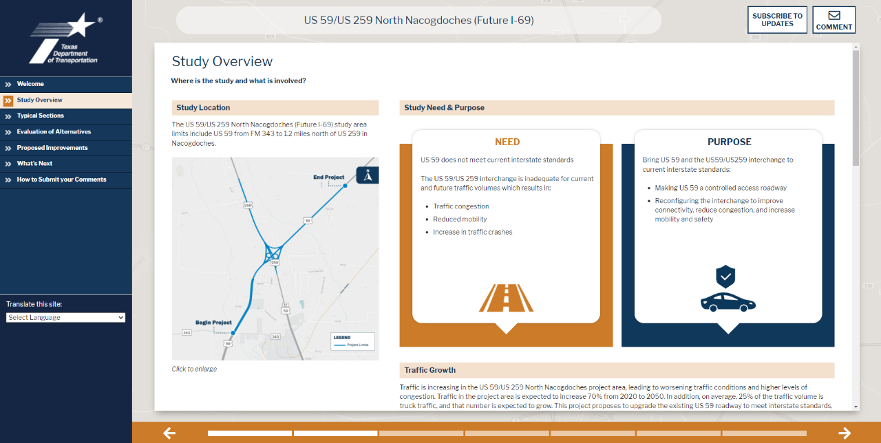 Study overview of the location, need and purpose of the US 59/US 259 North Nacogdoches  project.