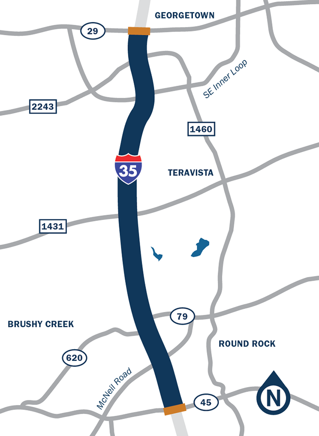 I-35 from Georgetown to Round Rock project map
