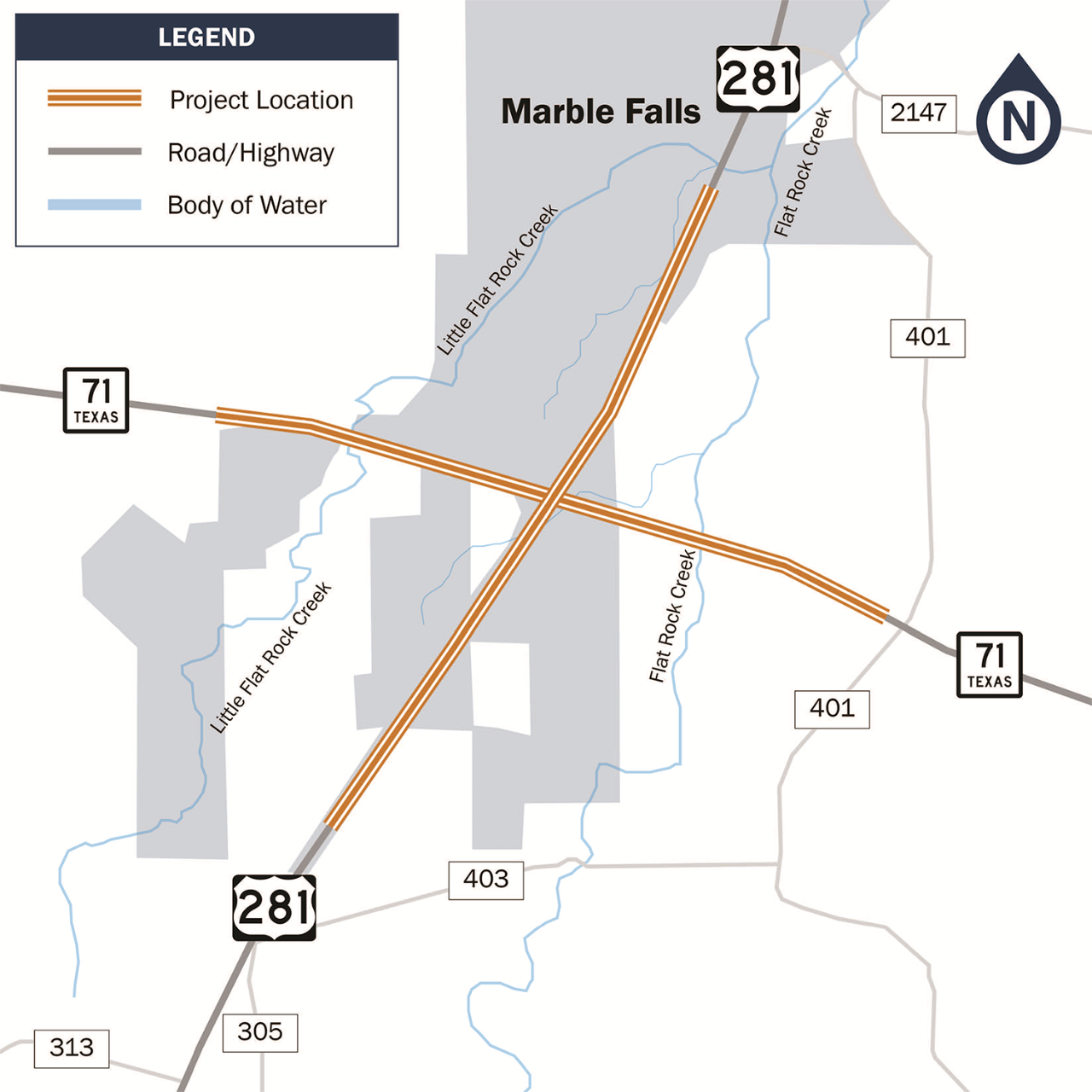 US 281 SH 71 Interchange project location map