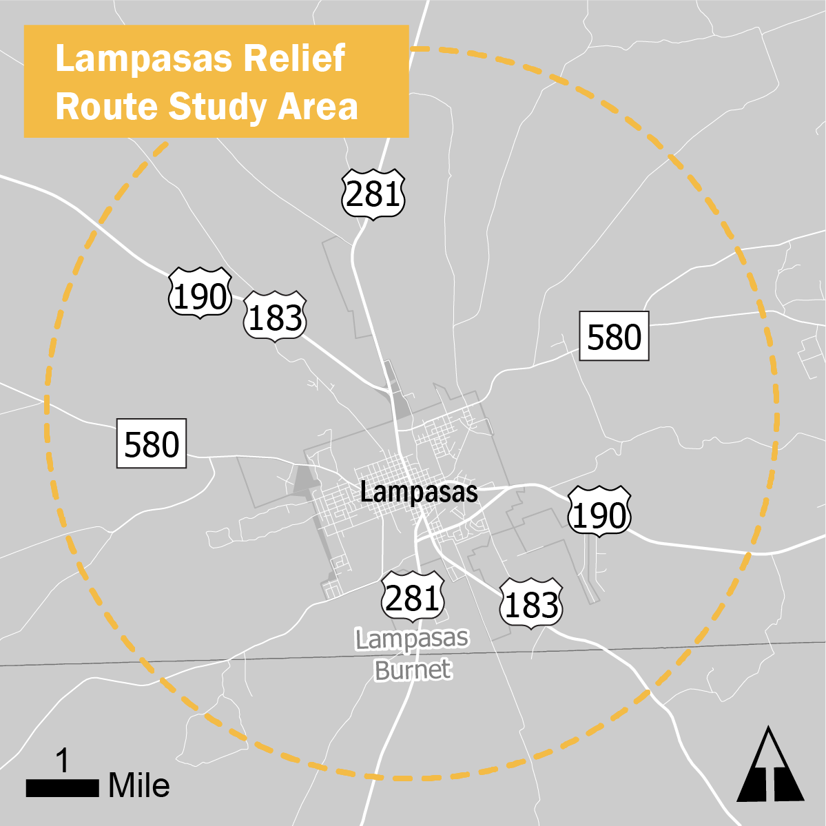 Aerial map of Lampasas studying relief routes.