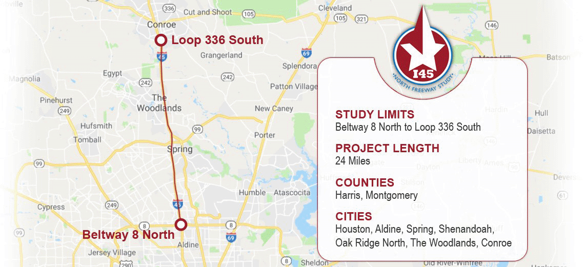 Study limits: Beltway 8 North to Loop 336 South. Project length: 24 miles. Counties: Harris, Montgomery. Cities: Houston, Aldine, Spring, Shenandoah, Oak Ridge North, The Woodlands, Conroe.