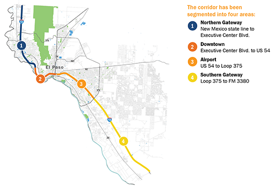 Map showing the four project segments of the Reimagine I-10 project