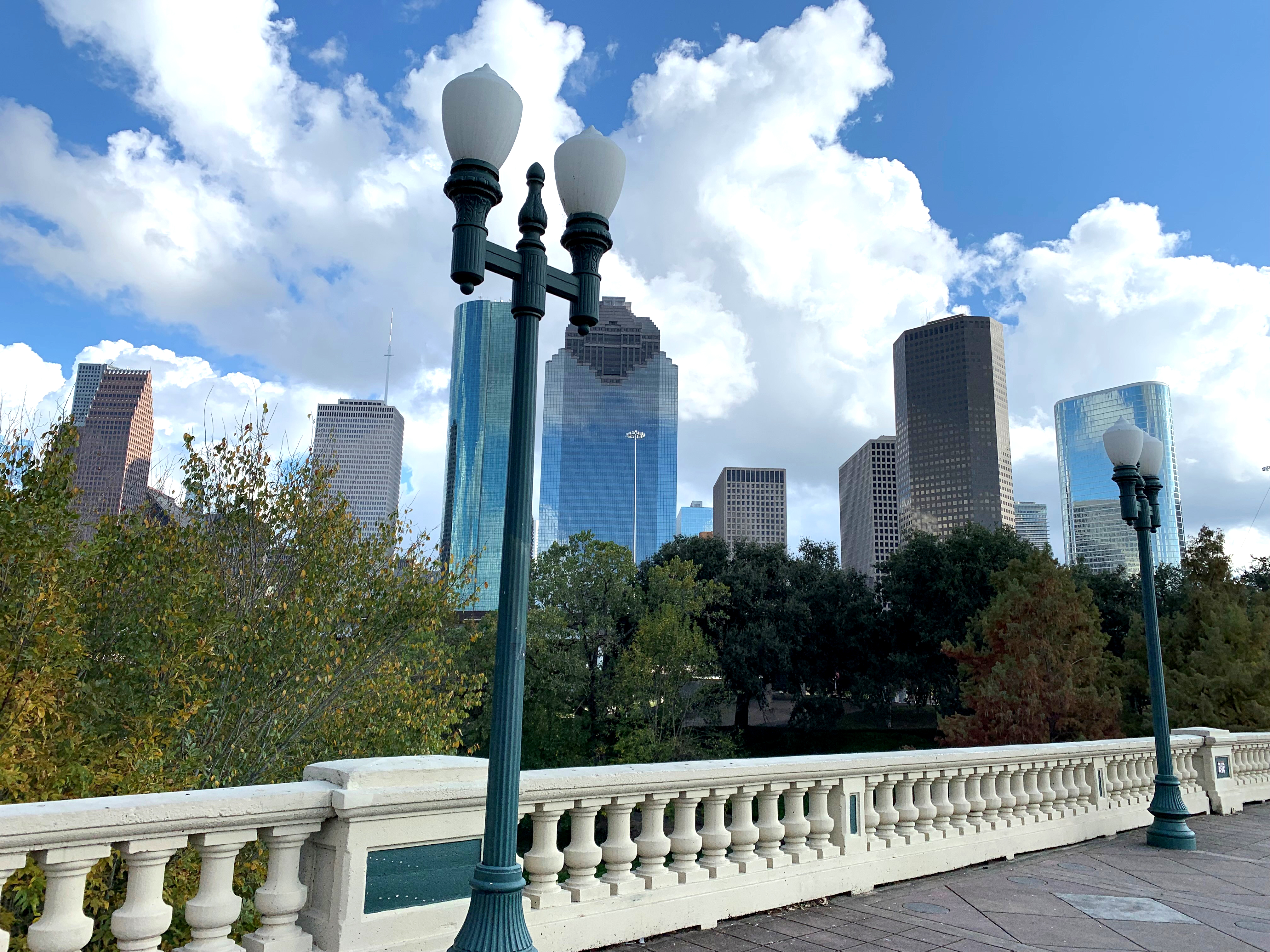 Looking at downtown Houston from the Sabine Bridge
